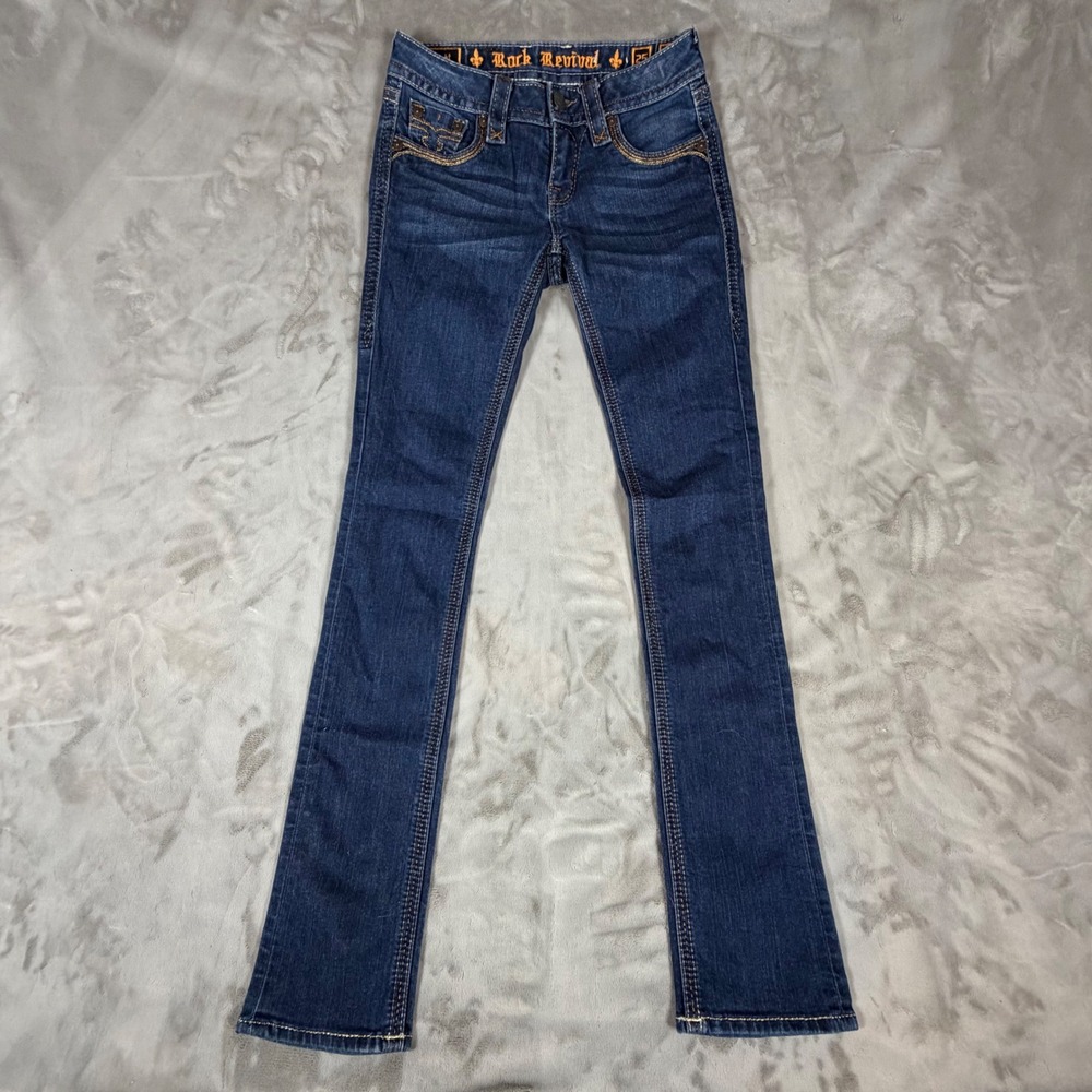Rock Revival Sherry Straight Leg Jeans Dark Wash Embroidered Size 25 RP9161J202L
